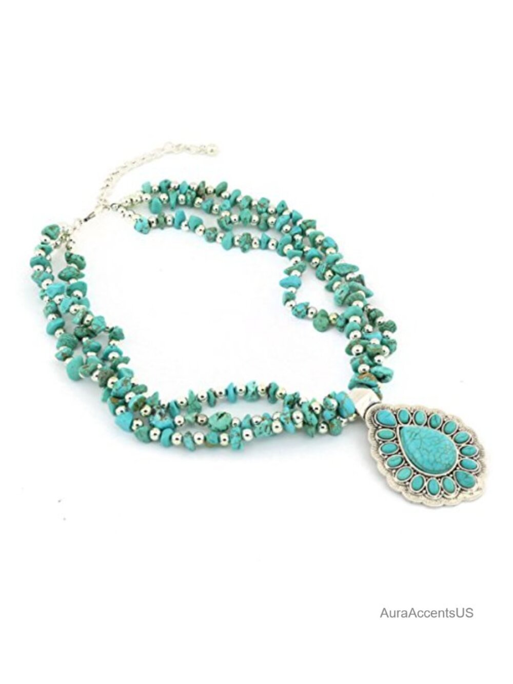 Vintage Style Synthetic Turquoise Necklace Silver Plated Herringbone Chain